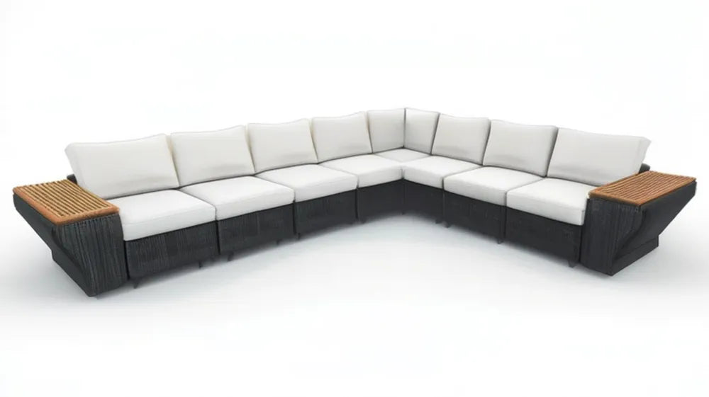 Modułowy narożnik ogrodowy w kształcie U z technorattanu PE, czarny z jasnoszarymi poduszkami i brązowymi blatami, 360 x 280 x 85 cm