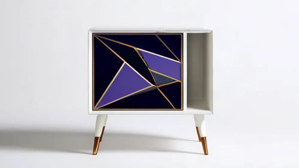 Biała szafka nocna z geometrycznym frontem granatowo-fioletowo-złotym, 60 x 35 x 60 cm