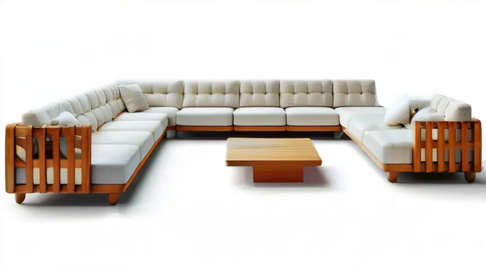 Modułowa sofa ogrodowa w kształcie U z drewna akacjowego ze stolikiem, beżowo-brązowa, 360 x 280 x 75 cm