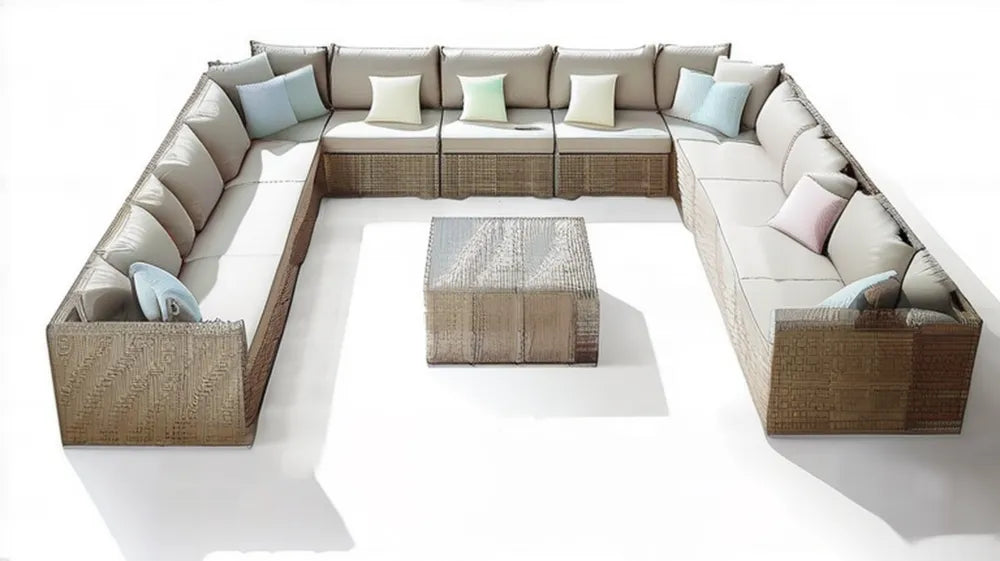 Modułowy komplet w kształcie U z technorattanu PE, beżowo-brązowy z pastelowymi poduszkami, 400 × 300 × 75 cm