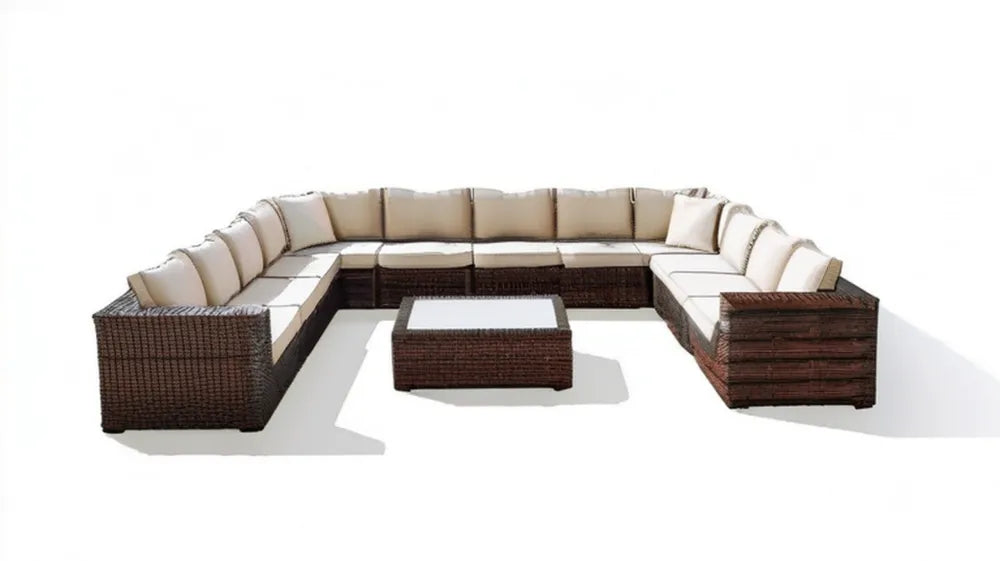 Modułowy zestaw wypoczynkowy w kształcie U z technorattanu ze stolikiem, 350 × 260 × 78 cm, ciemnobrązowy/beżowy/przezroczysty