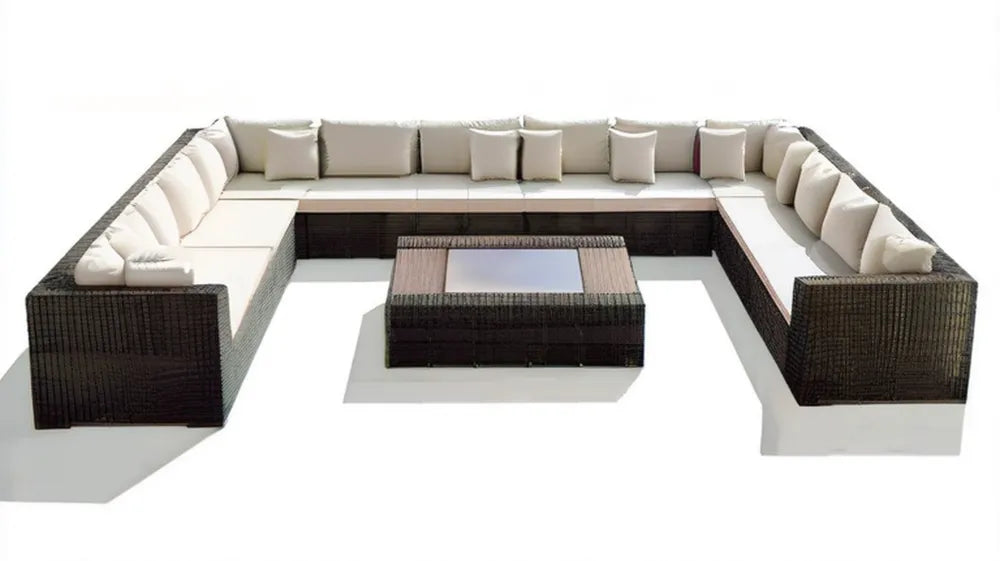 Modułowy zestaw wypoczynkowy w kształcie U z technorattanu, brązowy z kremowymi poduszkami, 300 x 300 cm