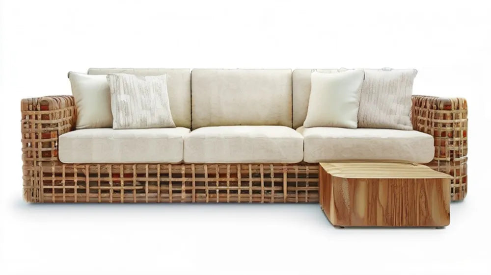Trzyosobowa sofa z naturalnego rattanu ze stolikiem z drewna akacjowego, beżowa/naturalny brąz, 245 × 90 × 75 cm