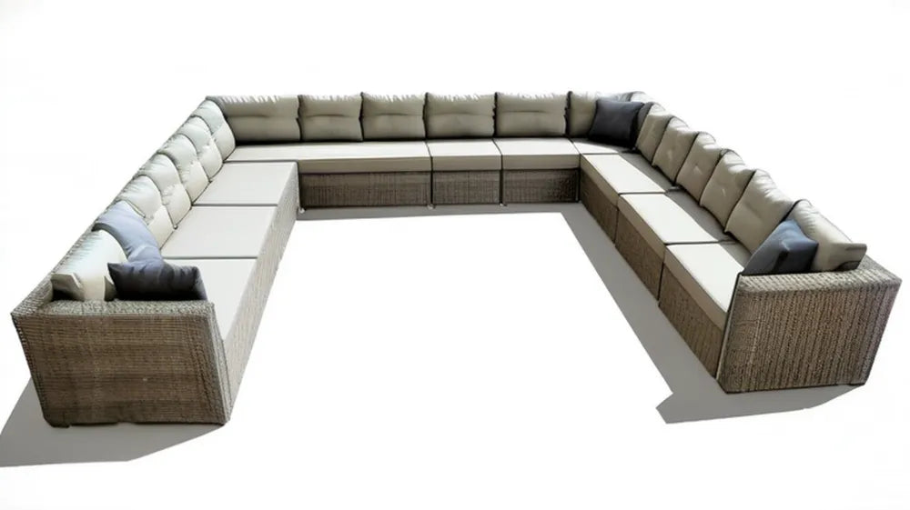 Modułowy zestaw wypoczynkowy w kształcie U z technorattanu, beżowo-szaro-brązowy, 400 × 320 × 75 cm